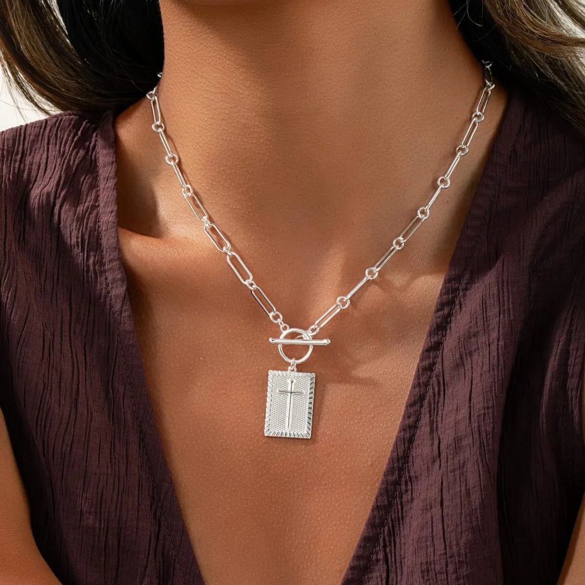 Women Fashion Casual Hip Hop Square Floral Pendant Necklace