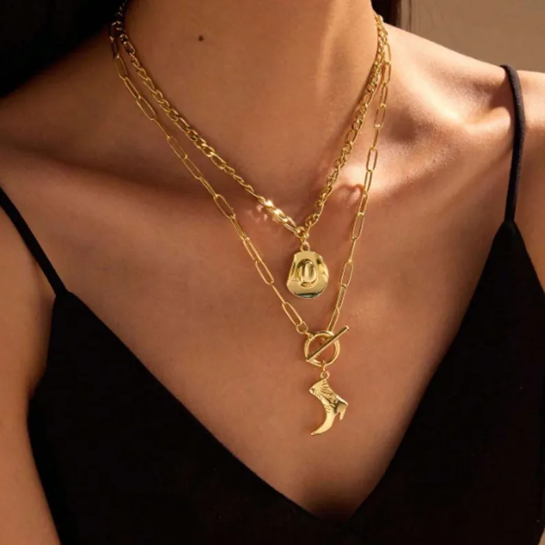 Women Fashion Simple Western Hat Boots Geometric Copper Alloy Pendant Necklace