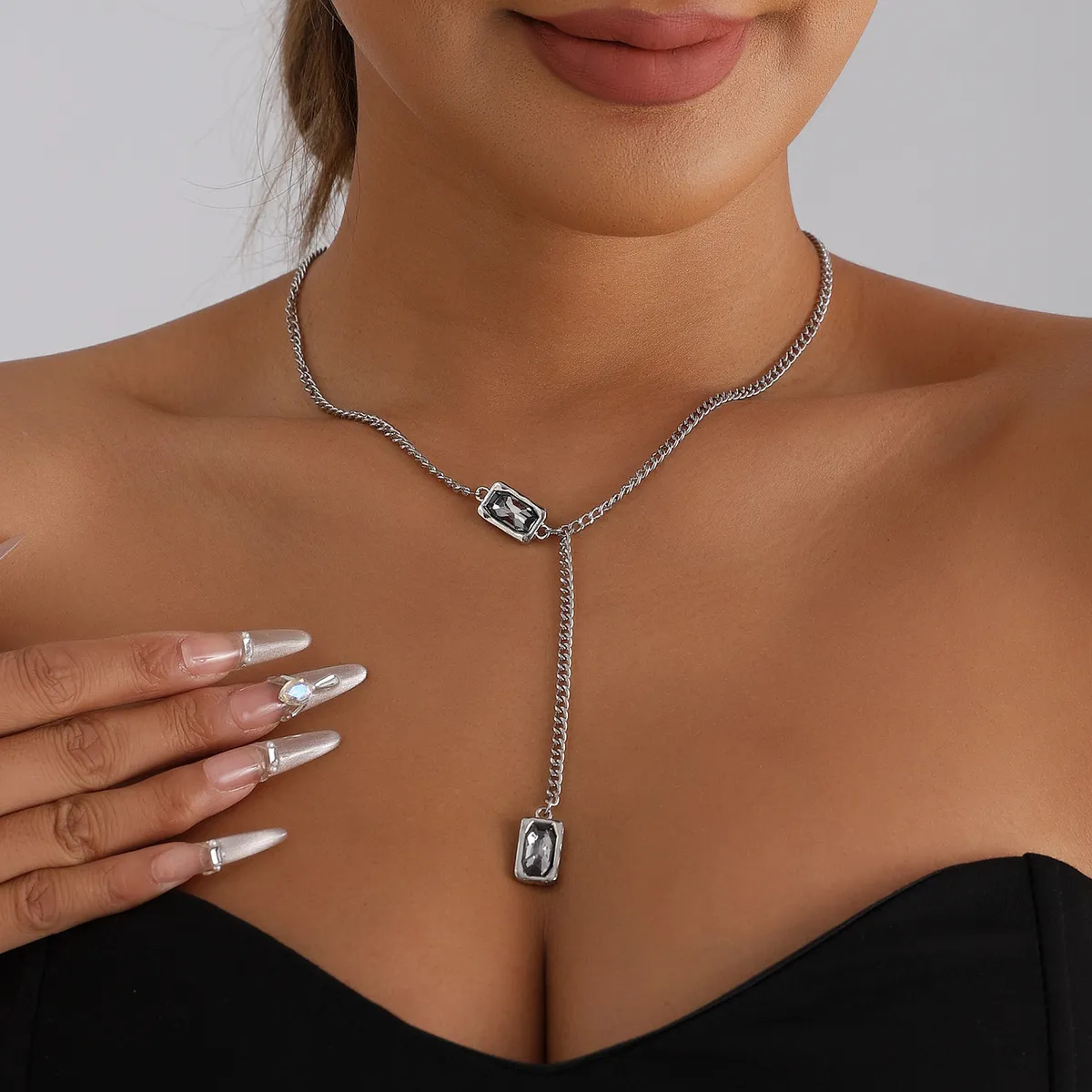 Women Fashion Geometric Square Rhinestone Y Necklace