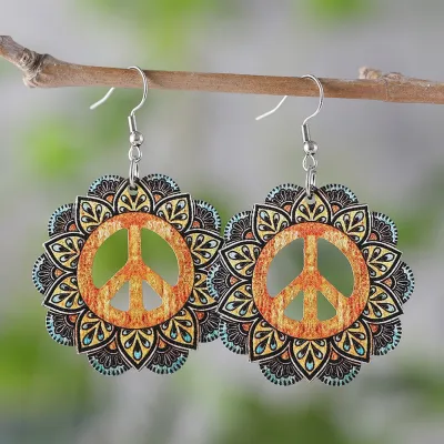 Women's Fashion Casual Ethnic Geometric Pattern Peace Logo Hollow Wooden Pendant Drop Earrings
