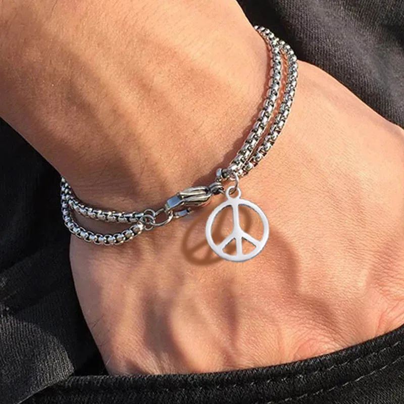 Men's Fashion Casual Stainless Steel Peace Logo Double Chain Bracelet
