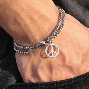 Men's Fashion Casual Stainless Steel Peace Logo Double Chain Bracelet