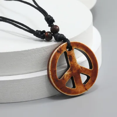 Men Fashion Casual Retro Resin Peace Logo Pendant Rope Chain Necklace