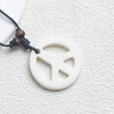 Men Fashion Casual Retro Resin Peace Logo Pendant Rope Chain Necklace