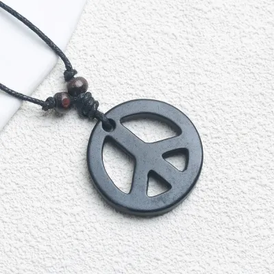 Men Fashion Casual Retro Resin Peace Logo Pendant Rope Chain Necklace