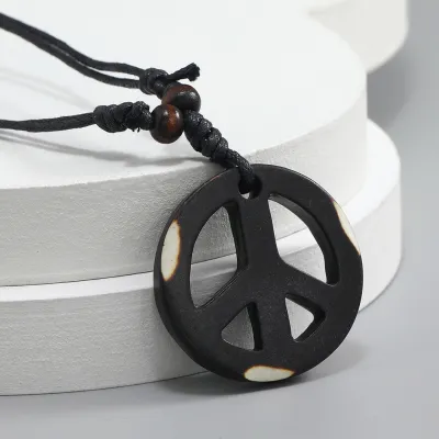 Men Fashion Casual Retro Resin Peace Logo Pendant Rope Chain Necklace