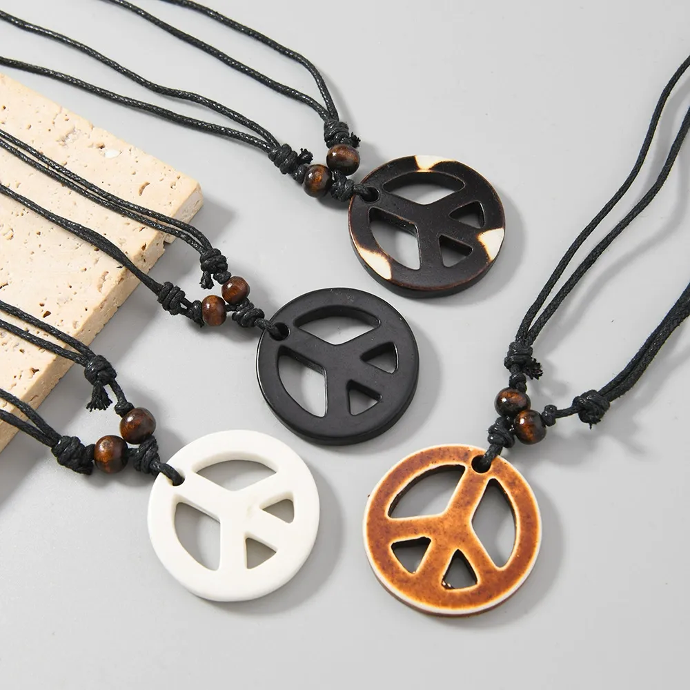 Men Fashion Casual Retro Resin Peace Logo Pendant Rope Chain Necklace