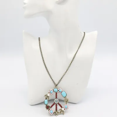 Women Fashion Retro Inlaid Gemstone Turquoise Pearl Floral Peace Logo Necklace