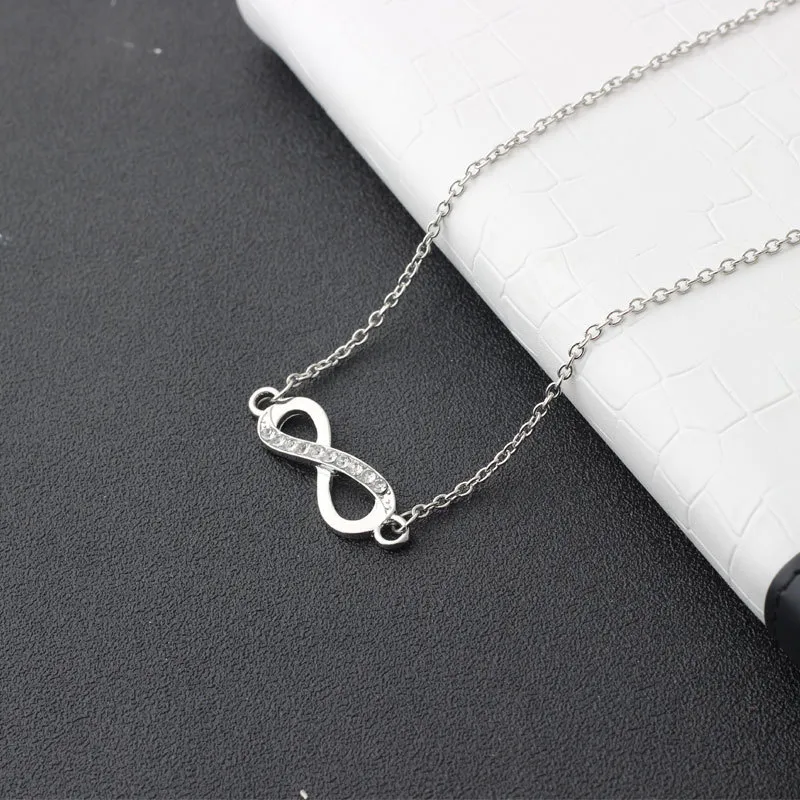 Women Fashion Simple Rhinestone Infinity Jewelry Necklace Cross Chain