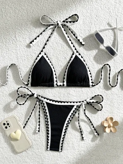 Women Fashion Sexy Multicolor Halter-Neck Lace-Up Bikini Swimsuit
