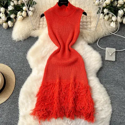Women Fashion Sexy Solid Color Sleeveless Hollow Knitted Dress