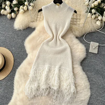 Women Fashion Sexy Solid Color Sleeveless Hollow Knitted Dress