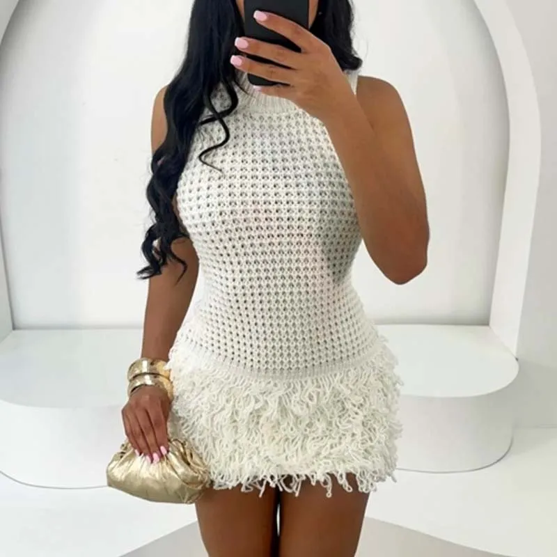 Women Fashion Sexy Solid Color Sleeveless Hollow Knitted Dress