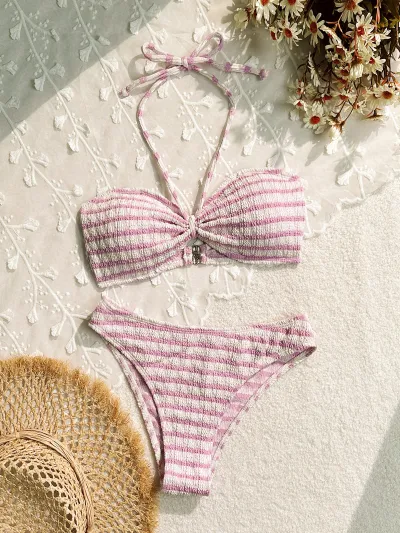 Women Fashion Sexy Stripe Print Halter-Neck Lace-Up Bikini Swimsuit