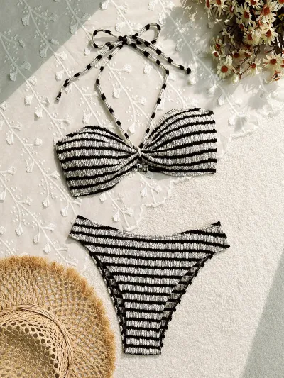 Women Fashion Sexy Stripe Print Halter-Neck Lace-Up Bikini Swimsuit