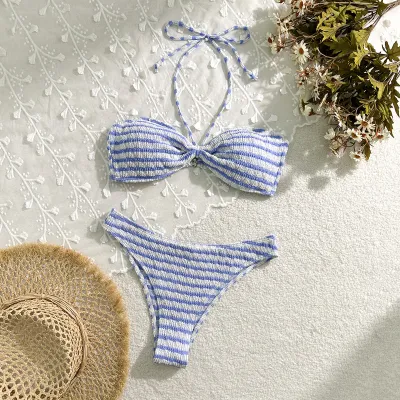 Women Fashion Sexy Stripe Print Halter-Neck Lace-Up Bikini Swimsuit