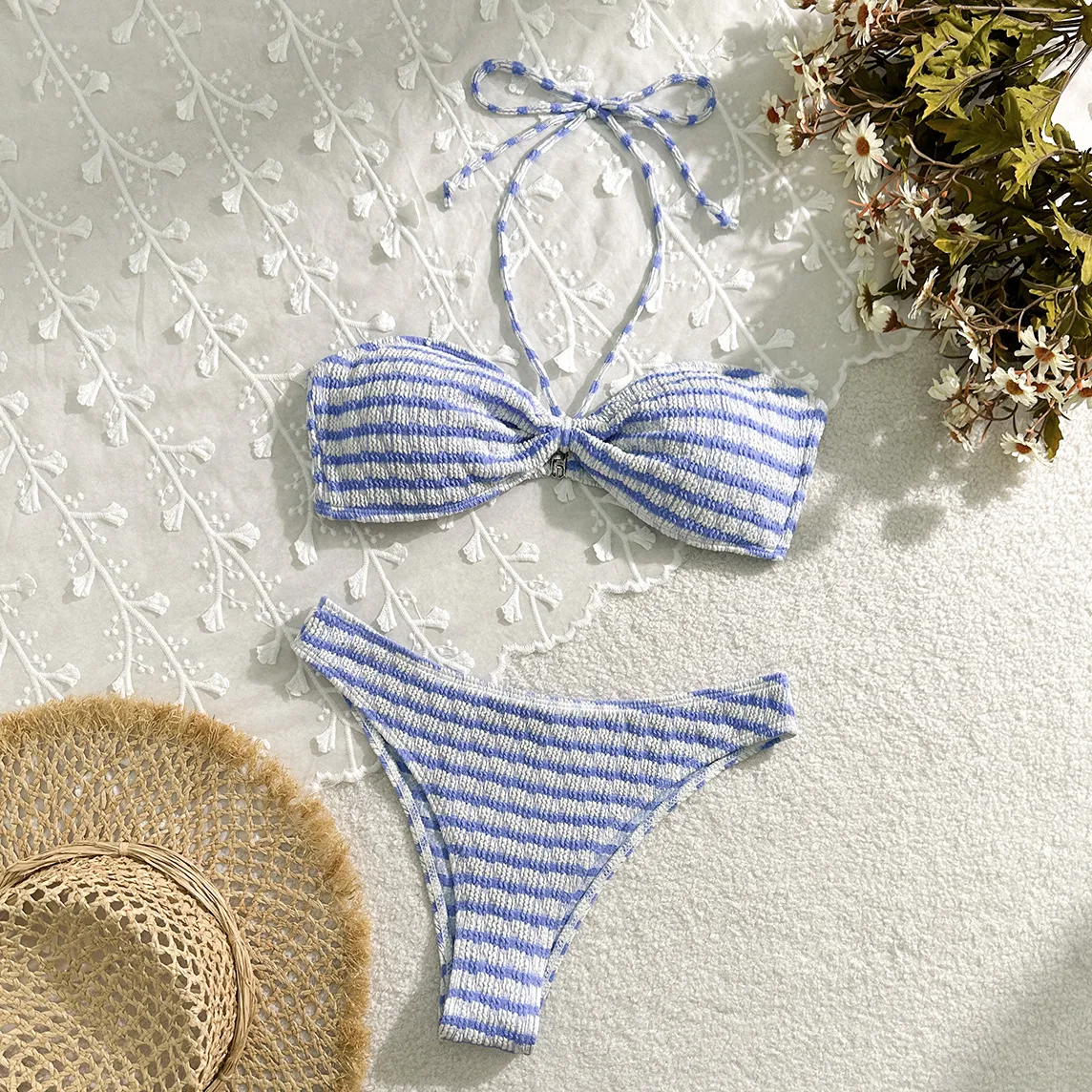 Women Fashion Sexy Stripe Print Halter-Neck Lace-Up Bikini Swimsuit