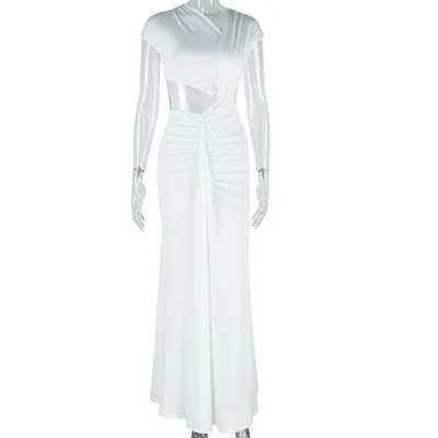 Women Elegant Solid Color Slant Collar Sleeveless Hollow-Out Maxi Dress