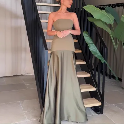 Women Elegant Sexy Solid Color Satin Tube Top Maxi Dress