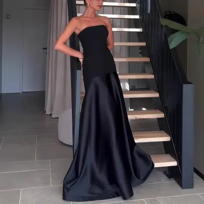 Women Elegant Sexy Solid Color Satin Tube Top Maxi Dress