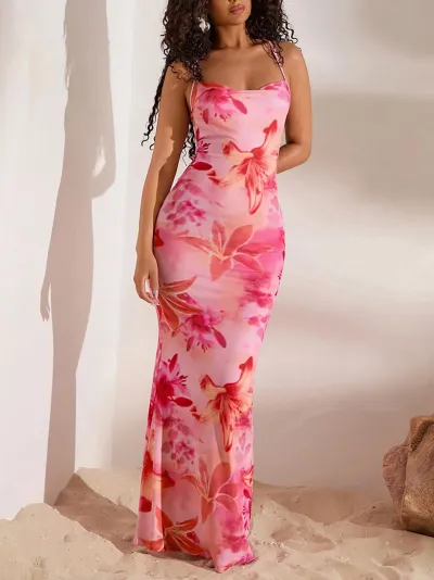 Women Sexy Floral Print Spaghetti Strap Backless Slim Fit Dress