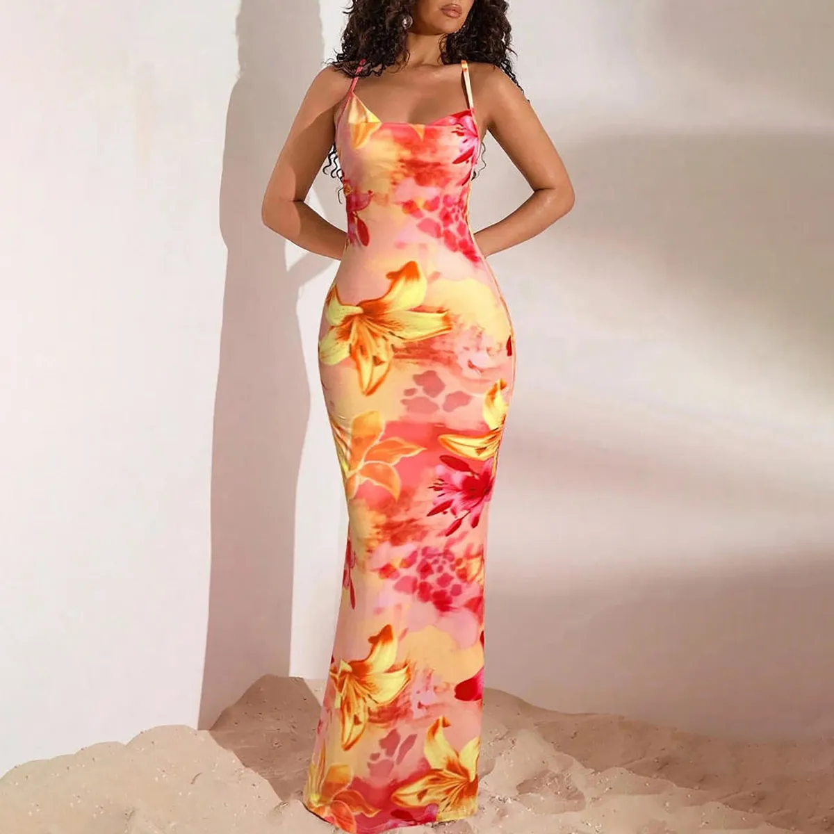 Women Sexy Floral Print Spaghetti Strap Backless Slim Fit Dress