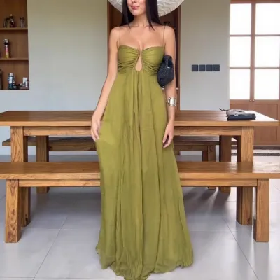 Women Sexy Solid Color U-Shaped Spaghetti Strap Loose Polyester Long Dress