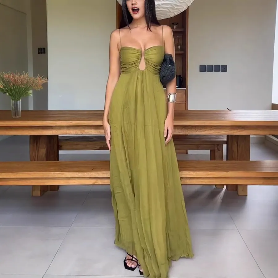 Women Sexy Solid Color U-Shaped Spaghetti Strap Loose Polyester Long Dress