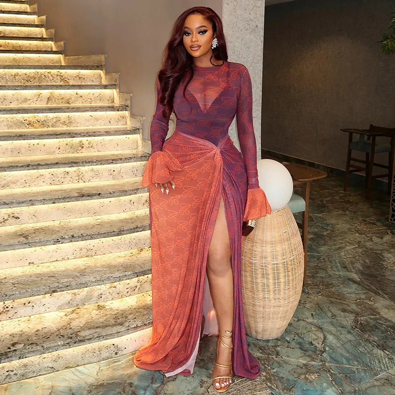 Women Sexy Irregular Color Block Printed Micro-Transparent Long-Sleeved Split Maxi Dress