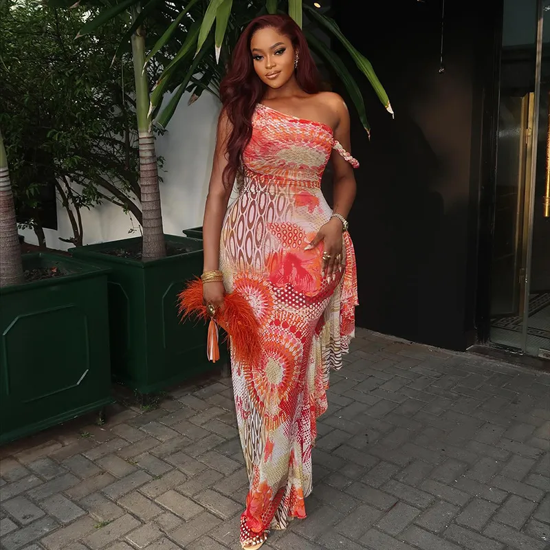 Women Sexy Printed Slanted Shoulder Sleeveless Maxi Dress