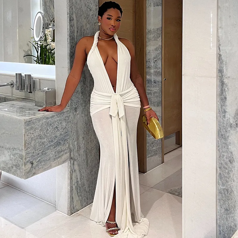 Women Fashion Sexy Solid Color Halter-Neck Sleeveless Backless Lace-Up Split Maxi Dress
