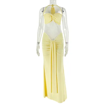 Women Sexy Micro-Transparent Halter-Neck Backless Pleated Slim-Fit Maxi Dress
