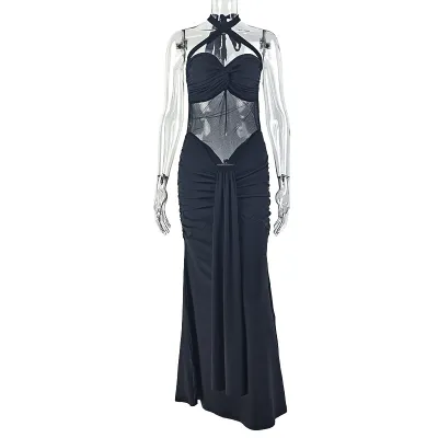 Women Sexy Micro-Transparent Halter-Neck Backless Pleated Slim-Fit Maxi Dress