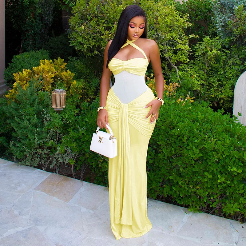 Women Sexy Micro-Transparent Halter-Neck Backless Pleated Slim-Fit Maxi Dress