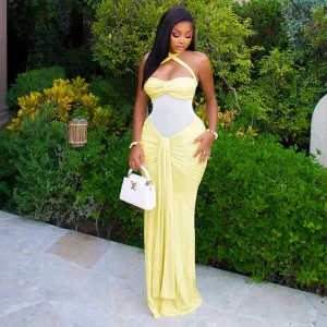 Women Sexy Micro-Transparent Halter-Neck Backless Pleated Slim-Fit Maxi Dress