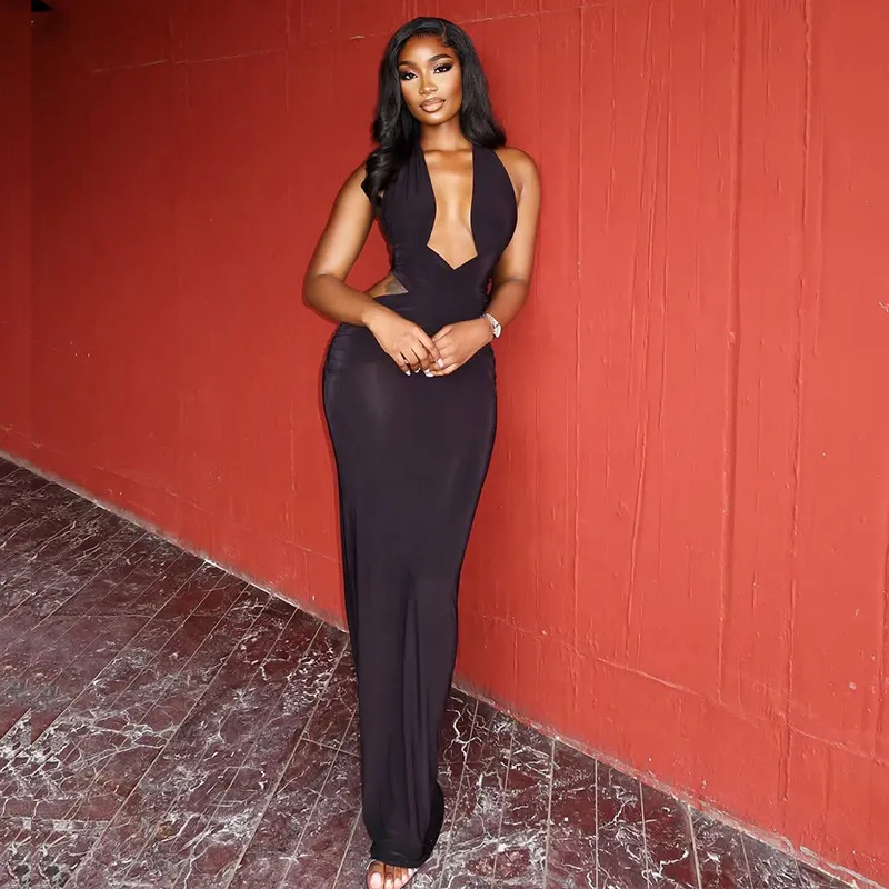 Women Sexy Solid Color Deep V-Neck Backless Lace-Up Pleated Slim-Fit Maxi Dress