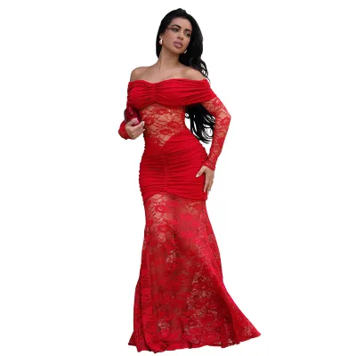 Women Off-Shoulder Lace Stitching Elegant Party Dress