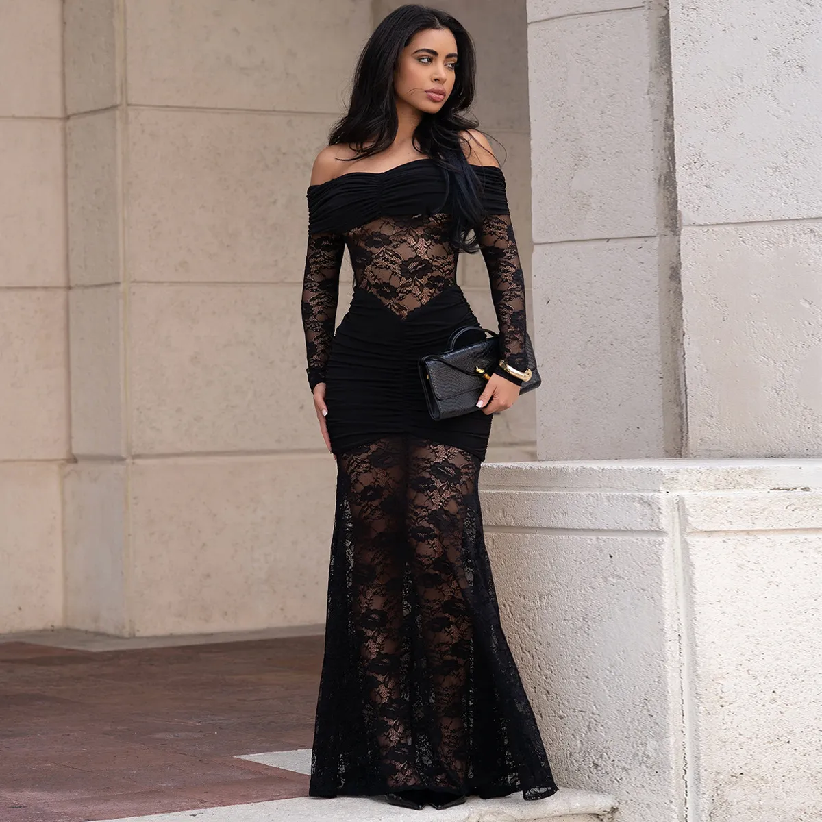 Women Off-Shoulder Lace Stitching Elegant Party Dress