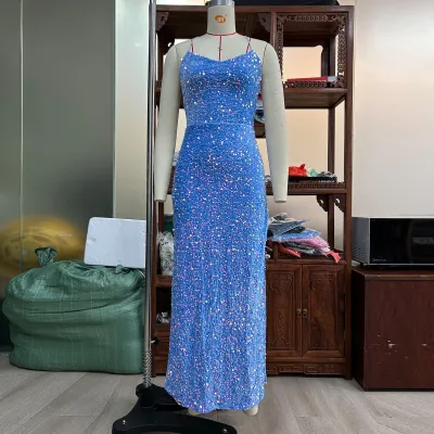 Women Sexy Sequin Backless Sling Style Long Dress