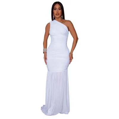 Women Slant Shoulder Mesh See-Through Solid Color Party Dress