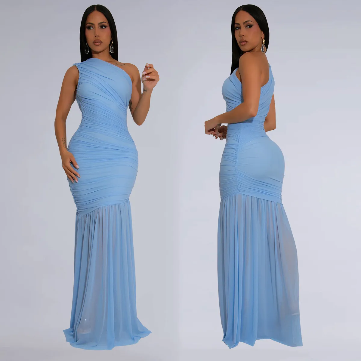 Women Slant Shoulder Mesh See-Through Solid Color Party Dress