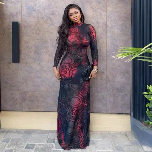 Women Sexy Abstract Print Long Sleeve Slim Fit Maxi Dress