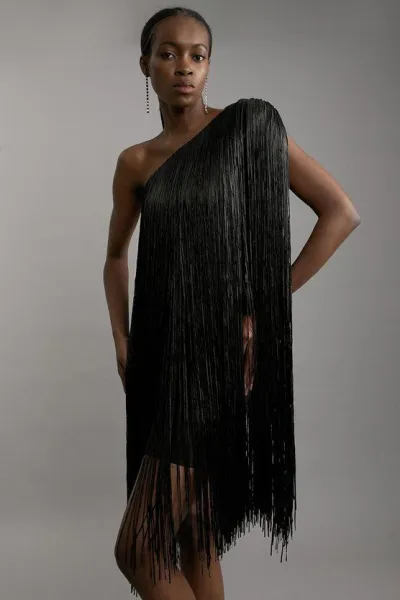 Women Fashion Sexy Solid Color Slanted Shoulder Sleeveless Tassel Party Dress