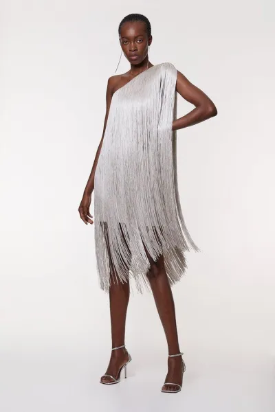 Women Fashion Sexy Solid Color Slanted Shoulder Sleeveless Tassel Party Dress