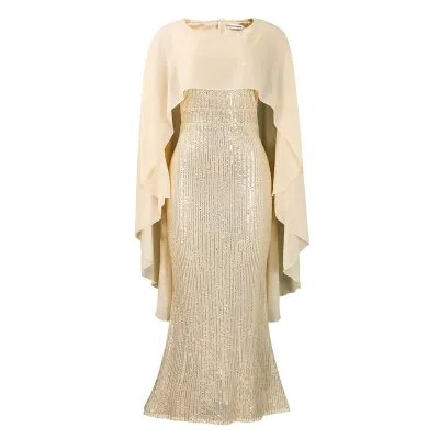 Women Elegant Chiffon Sequin Party Dress with High Waist and Seven-Point Sleeve