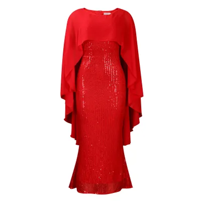 Women Elegant Chiffon Sequin Party Dress with High Waist and Seven-Point Sleeve
