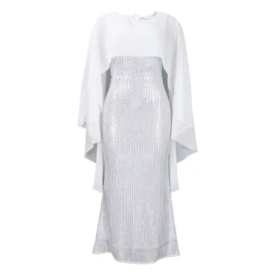Women Elegant Chiffon Sequin Party Dress with High Waist and Seven-Point Sleeve