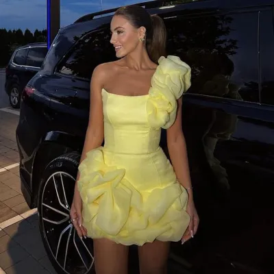 Women Fashion Sexy Irregular Solid Color Pleated Ruffled Strapless Party Dress