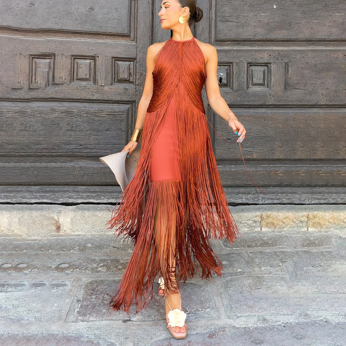Women Sexy Elegant Solid Color Sleeveless Tassel Party Dress