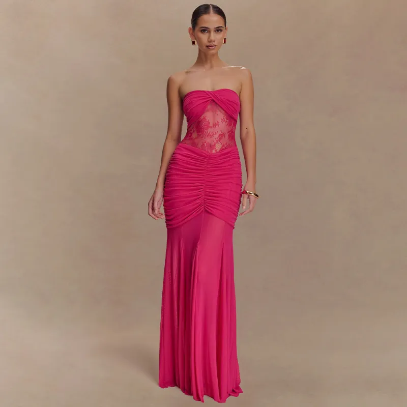 Women Sexy Solid Color Irregular Lace Stitching Tube Top Slim-Fit Party Dress